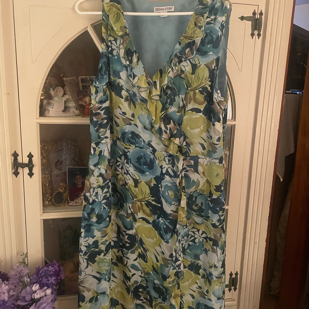 Pendleton Green and Blue 100% Silk Dress Sleeveless V-Neck Sundress 14